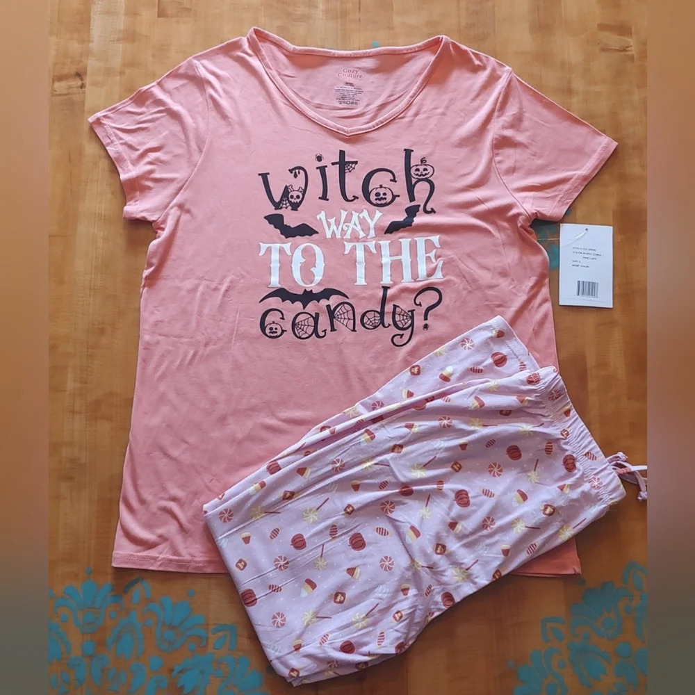 Women's Size Large Halloween Pajamas "Witch Way To The Candy?" Pink Lounge Set